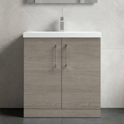 Balterley Contemporary Bathroom Floor Standing 2-Door Vanity Unit & Mid-Edge Ceramic Basin, Solace Oak, 800 mm in Brown - thumbnail 6