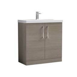 Balterley Contemporary Bathroom Floor Standing 2-Door Vanity Unit & Mid-Edge Ceramic Basin, Solace Oak, 800 mm in Brown