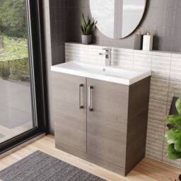 Balterley Contemporary Bathroom Floor Standing 2-Door Vanity Unit & Mid-Edge Ceramic Basin, Solace Oak, 800 mm in Brown - thumbnail 4