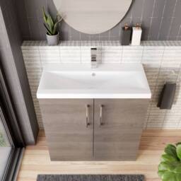 Balterley Contemporary Bathroom Floor Standing 2-Door Vanity Unit & Mid-Edge Ceramic Basin, Solace Oak, 800 mm in Brown - thumbnail 3