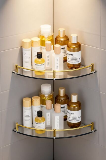 Living and Home 2Pcs Bathroom Glass Corner Shelf Wall Mounted Storage Rack in Gold - image 1