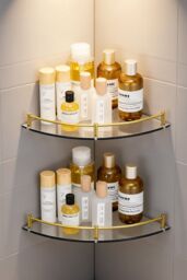 Living and Home 2Pcs Bathroom Glass Corner Shelf Wall Mounted Storage Rack in Gold