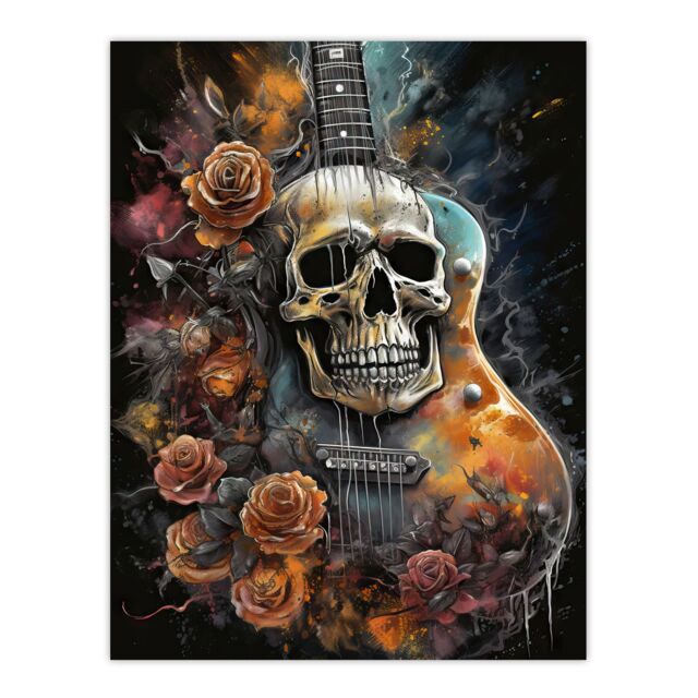 "Artery8 Wall Art Print Guitar With Roses & Skull Conceptual Painting Electric Floral Melodic Metal Poster - Size: W24"" x H32""" - image 1