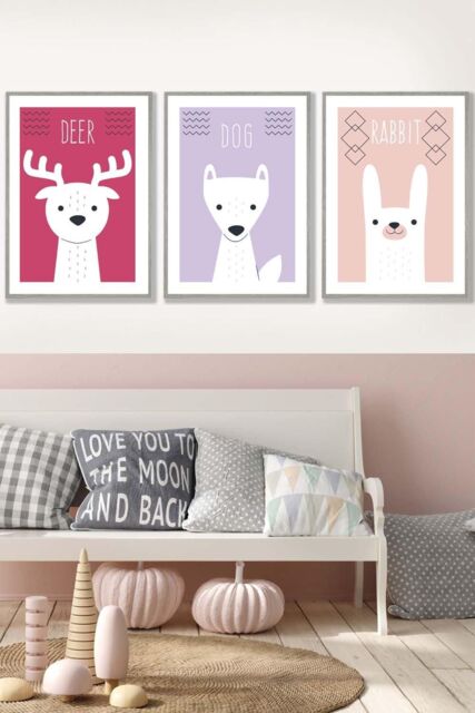 ARTZE Women's Scandi Nursery Forest Animals Pink Lilac Framed Wall Art - Large in Light Grey - Size: W53 cm x H73 cm x D20mm - image 1