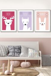 ARTZE Women's Scandi Nursery Forest Animals Pink Lilac Framed Wall Art - Large in Light Grey - Size: W53 cm x H73 cm x D20mm - thumbnail 1