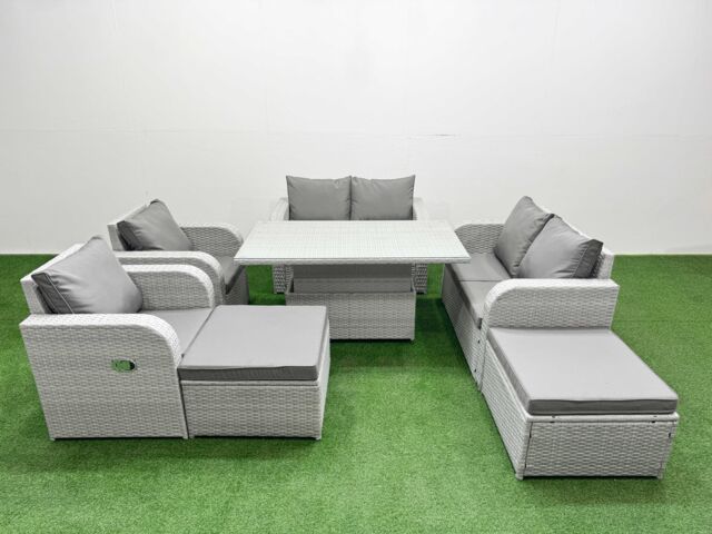 Fimous 8 Seater Outdoor Reclining Chair Love Sofa Set Rattan Garden Furniture Set w/ Adjustable Lifting Dining or Coffee Table 2 Big FootStools Light - image 1