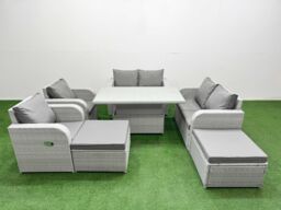Fimous 8 Seater Outdoor Reclining Chair Love Sofa Set Rattan Garden Furniture Set w/ Adjustable Lifting Dining or Coffee Table 2 Big FootStools Light - thumbnail 1
