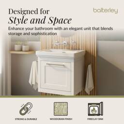 Balterley Wall Hung 1 Drawer Vanity Unit & 0TH Fireclay Basin, 500mm, White - thumbnail 2