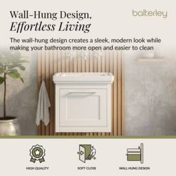 Balterley Wall Hung 1 Drawer Vanity Unit & 0TH Fireclay Basin, 500mm, White - thumbnail 3