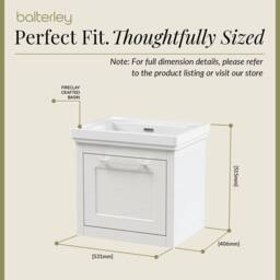 Balterley Wall Hung 1 Drawer Vanity Unit & 0TH Fireclay Basin, 500mm, White - thumbnail 5