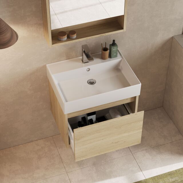 Banyetti Mino 600mm Wall Hung Vanity Unit & Veneto 1TH Basin- Natural Oak in Light Oak - image 1