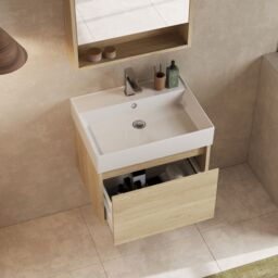 Banyetti Mino 600mm Wall Hung Vanity Unit & Veneto 1TH Basin- Natural Oak in Light Oak - thumbnail 1