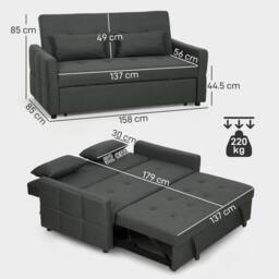 HOMCOM 2 Seater Sofa Bed, Convertible Pull Out Bed Settee, Charcoal Grey in Dark Grey - thumbnail 3