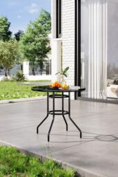Garden Sanctuary Outdoor Tempered Glass Garden Table with Parasol Hole in Black - thumbnail 1