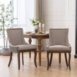 Modern Home Touch Bewley Set of 2 Vintage Linen Upholstered Kitchen Dining Chairs with Oak Wood Legs Beige - Size: 2 Pack - thumbnail 3