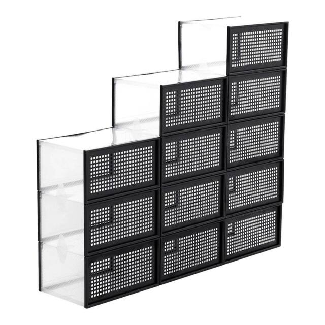 VOGREX 12 x Stackable Foldable Boxes Trainers Organiser in Black - image 1