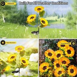 VOGREX 2Pcs Solar 3-Head Sunflower LED Garden Stake Lights in Yellow - thumbnail 4