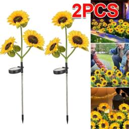 VOGREX 2Pcs Solar 3-Head Sunflower LED Garden Stake Lights in Yellow - thumbnail 2
