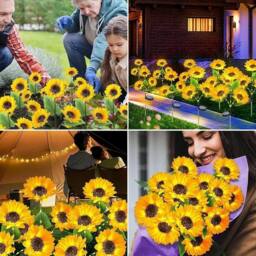VOGREX 2Pcs Solar 3-Head Sunflower LED Garden Stake Lights in Yellow - thumbnail 5