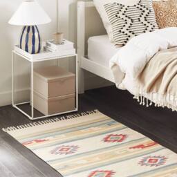 Wyld and Coco Klim Handwoven Cotton Kilim Rug Beige Multicolour Reversible Tassels - Size: 80 cm x 150 cm - thumbnail 1