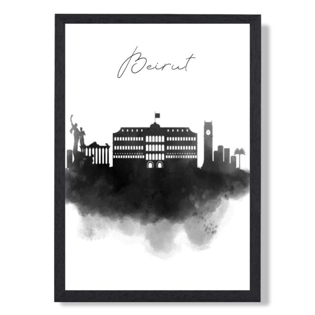ARTZE Beirut Watercolour Skyline City Framed Print SIZE: A4 with Black Frame - image 1