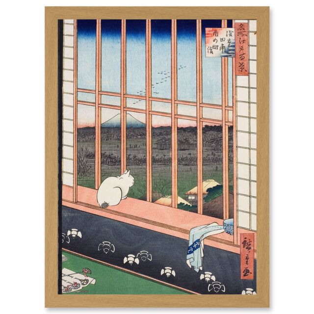 Artery8 Hiroshige Asakusa Fields 100 Views Edo Cat Vintage Japan Painting Artwork Framed Wall Art Print A4 in Light Oak - image 1