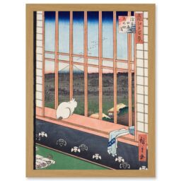 Artery8 Hiroshige Asakusa Fields 100 Views Edo Cat Vintage Japan Painting Artwork Framed Wall Art Print A4 in Light Oak - thumbnail 1