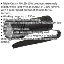 Loops ULTRA BRIGHT 3500lm Rechargeable LED Torch - OSRAM P9 30W - 250m Light Range - thumbnail 2