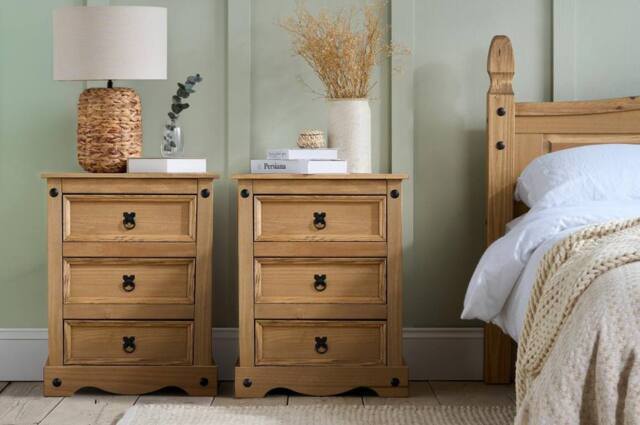 Birlea Pair of Corona Large 3 Drawer Bedside Cabinet Bedside Mexican Chest in Natural - image 1