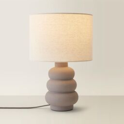 ValueLights Rochella Natural Linen Drum Shade Grey Bubble Stack Ceramic Table Lamp & Bulb in Off-White - thumbnail 6