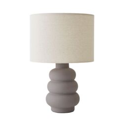 ValueLights Rochella Natural Linen Drum Shade Grey Bubble Stack Ceramic Table Lamp & Bulb in Off-White - thumbnail 2