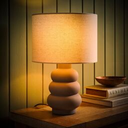 ValueLights Rochella Natural Linen Drum Shade Grey Bubble Stack Ceramic Table Lamp & Bulb in Off-White - thumbnail 1