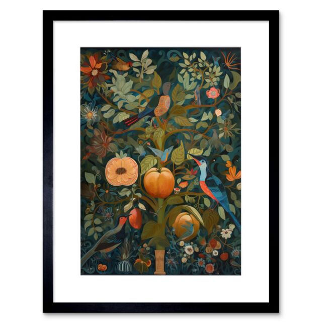 "Artery8 Wall Art Print Birds on Blooming Peach Tree in Modern Folk Artwork Framed 9X7 Inch in Black - Size: W7"" x H9""" - image 1