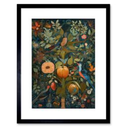 "Artery8 Wall Art Print Birds on Blooming Peach Tree in Modern Folk Artwork Framed 9X7 Inch in Black - Size: W7"" x H9""" - thumbnail 1