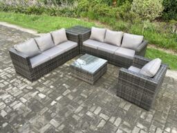 Fimous Rattan Garden Furniture Sofa Set with Armchair Square Coffee Table Side Table Indoor Outdoor 7 Seater Rattan Set in Dark Grey - thumbnail 2