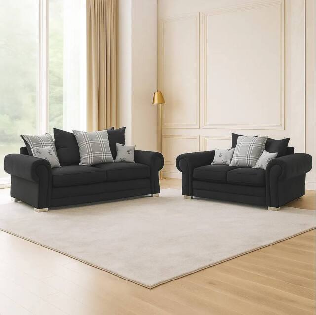 Furniture 786 Verona Scatter Back 3&2 Seater Sofa Set Chenille Fabric in Black - image 1