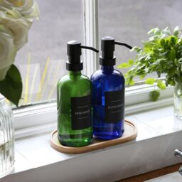 Harbour Housewares 2pc Glass Soap Dispenser Set with Bamboo Tray - 500ml in Blue - thumbnail 5