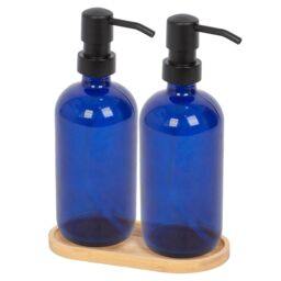 Harbour Housewares 2pc Glass Soap Dispenser Set with Bamboo Tray - 500ml in Blue - thumbnail 1