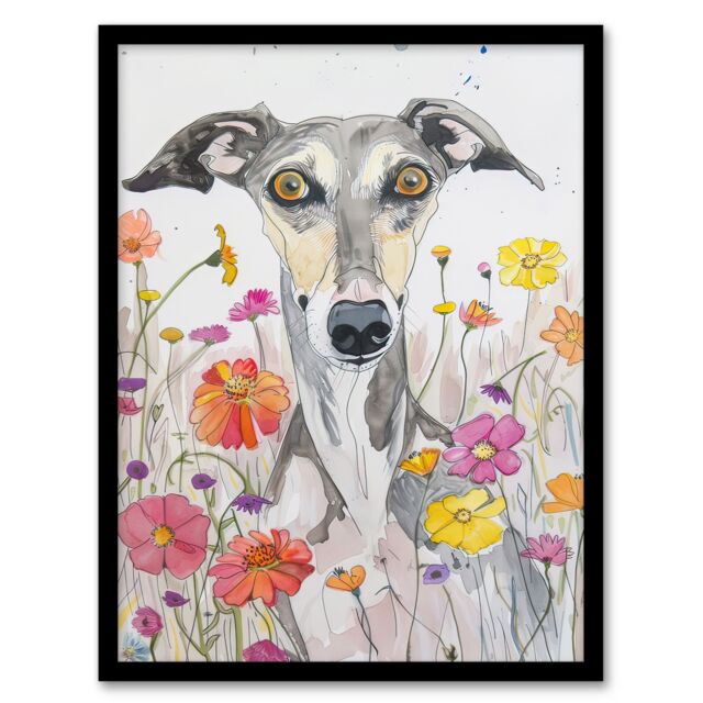"Artery8 Cute Whippet in Wildflowers Dog Lover Watercolour Framed Wall Art in Grey - Size: W12"" x H16""" - image 1