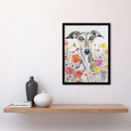 "Artery8 Cute Whippet in Wildflowers Dog Lover Watercolour Framed Wall Art in Grey - Size: W12"" x H16""" - thumbnail 4
