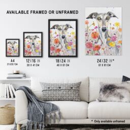 "Artery8 Cute Whippet in Wildflowers Dog Lover Watercolour Framed Wall Art in Grey - Size: W12"" x H16""" - thumbnail 3
