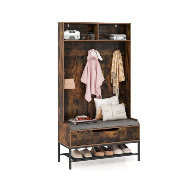 Gymax 4-in-1 Coat Rack 170cm Tall Hall Tree Entryway Bench With Seat Cushion in Brown - image 1