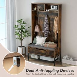 Gymax 4-in-1 Coat Rack 170cm Tall Hall Tree Entryway Bench With Seat Cushion in Brown - thumbnail 6