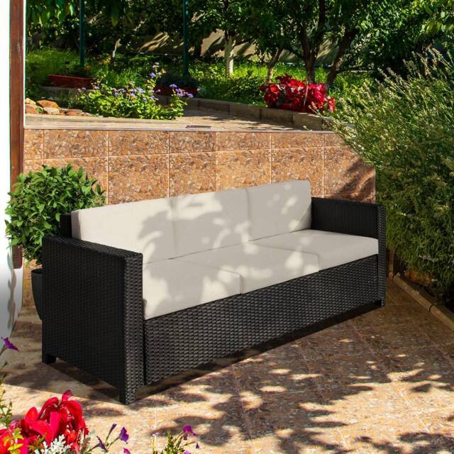 OUTSUNNY Rattan Wicker 3-seater Sofa Chair Patio Furniture w/ Cushion in Black - image 1