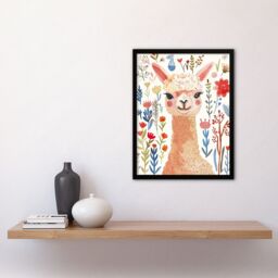 "Artery8 Cute Happy Alpaca Bright Floral Watercolour Framed Wall Art - Size: W12"" x H16""" - thumbnail 4