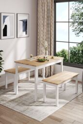 Living and Home 3Pcs Modern Rectangular Pine Dining Table and Bench Set in Natural - thumbnail 1