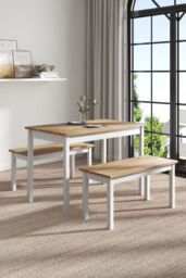 Living and Home 3Pcs Modern Rectangular Pine Dining Table and Bench Set in Natural - thumbnail 2