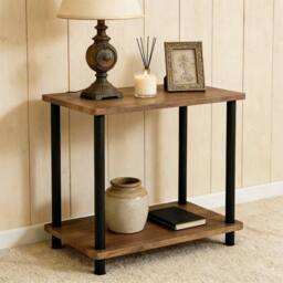 FORGEVIO Small 2-Tier Oak Finish Side Table with Shelf, Coffee End in Brown