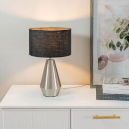ValueLights Jax Brushed Chrome Dimmable Touch Table Lamp with Fabric Drum Shade & LED Bulb in Charcoal