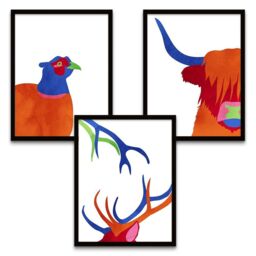 "Wee Blue Coo Wall Art Print Bright Colourful Scottish Highland Wildlife Framed Poster Pack of 3 - Size: W12"" x H16""" - thumbnail 2